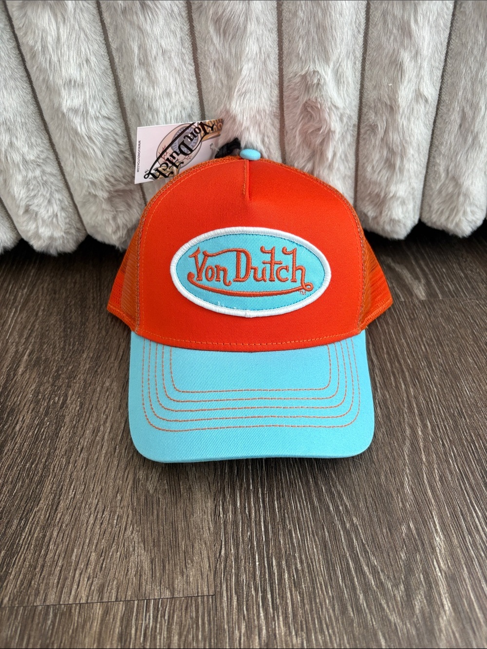 Von Dutch Orange and Light Blue Logo Trucker Hat